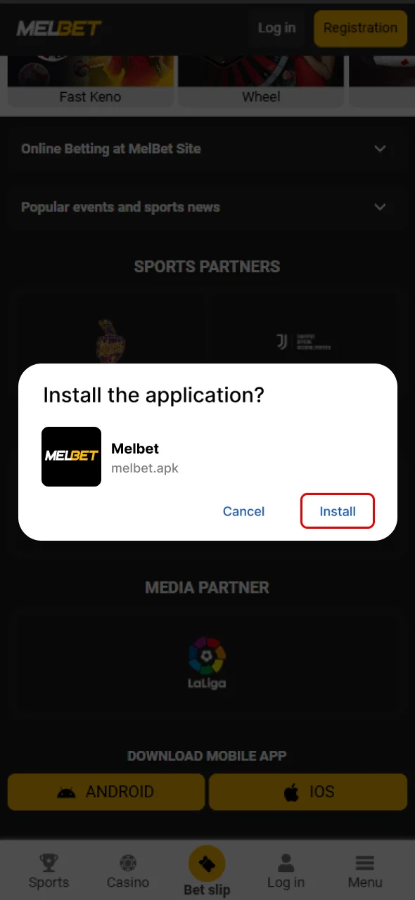 Complete the installation of the Melbet mobile app and start betting.