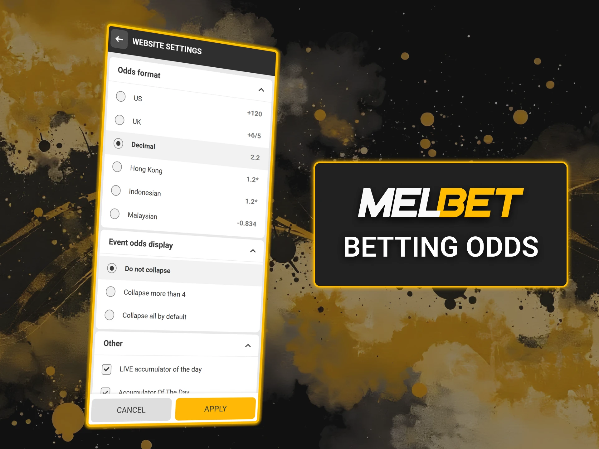 Customize your Melbet experience by selecting your preferred odds format.