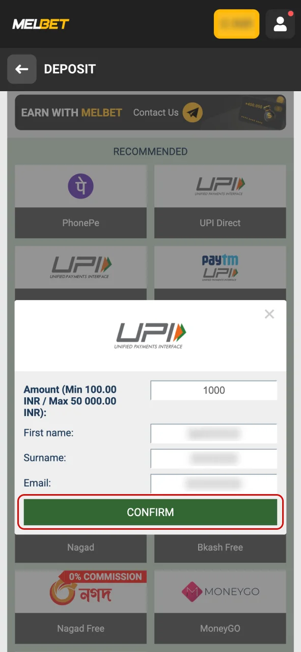 Choose your deposit amount at Melbet.