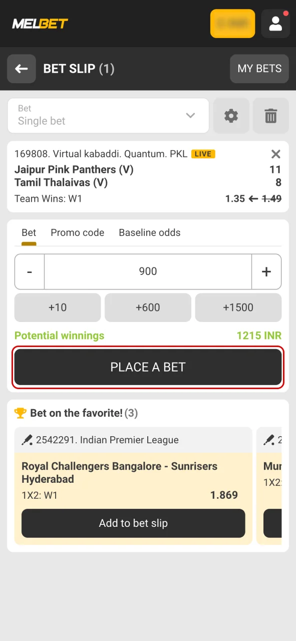 Enter your bet amount at Melbet.