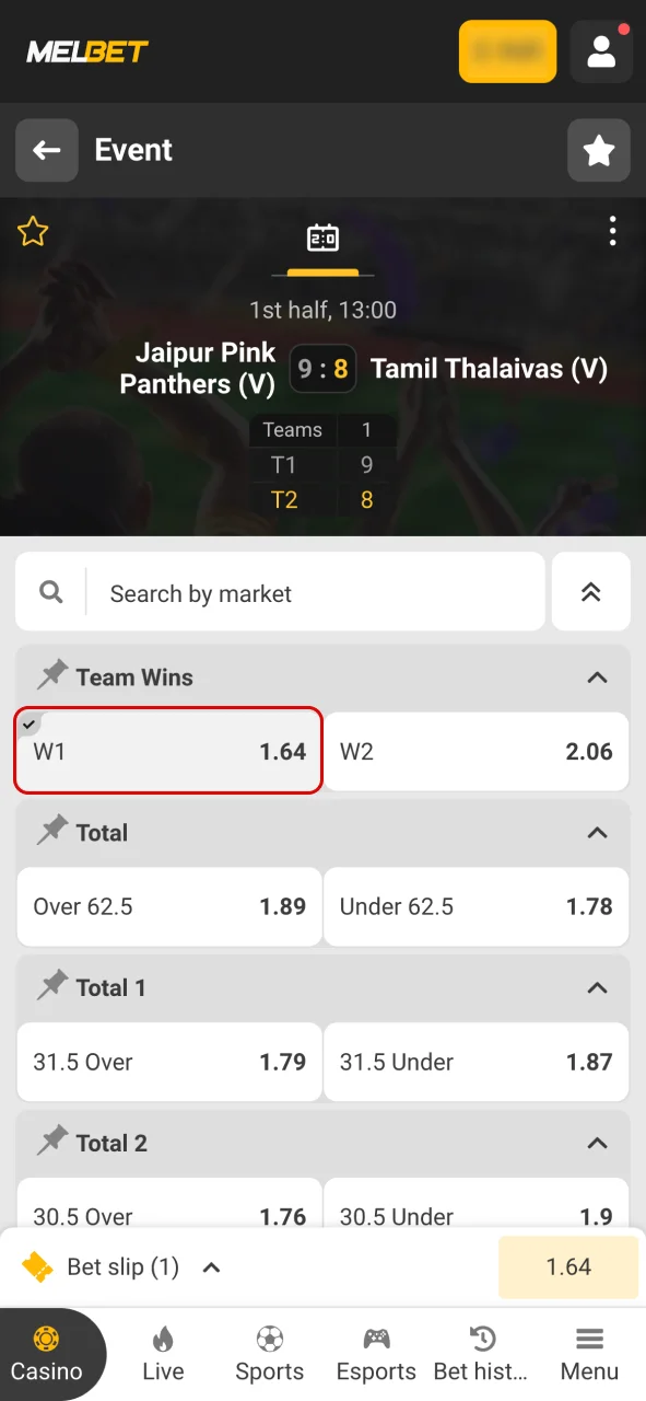 Select your Kabaddi match at Melbet.