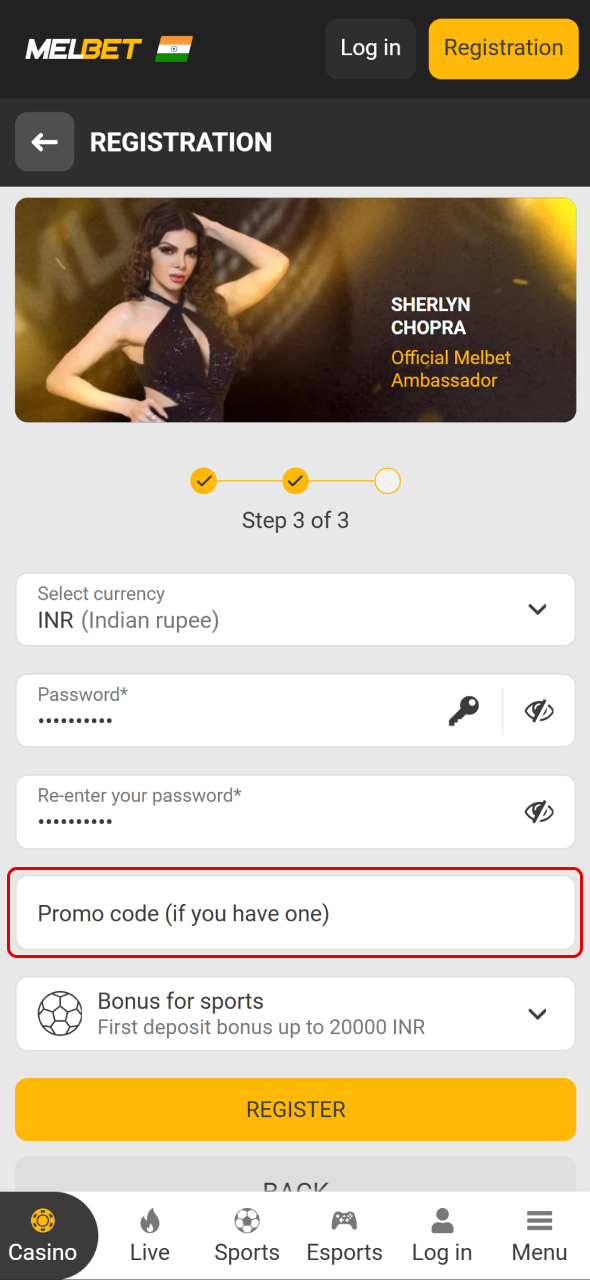 Enter your Melbet promo code during registration to start with a bonus.
