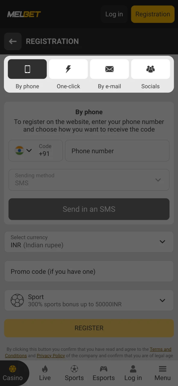 Choose the method you prefer to register at Melbet.