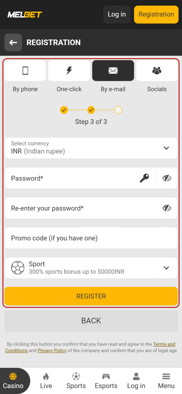 Fill in your personal details on the official Melbet sign up form.