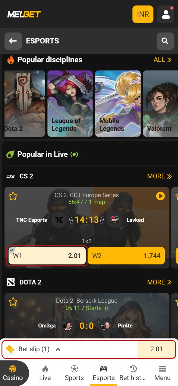 Select your eSports match on the official Melbet gaming betting portal.