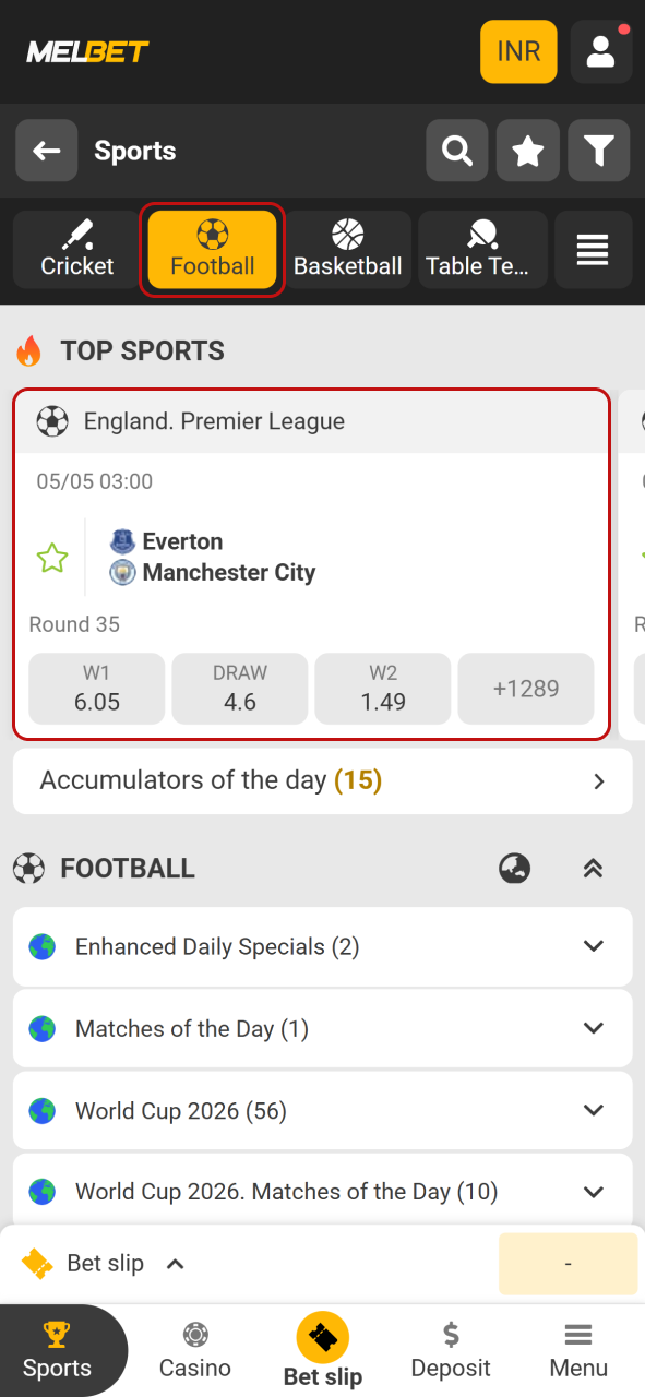 Select your preferred match or league on official Melbet sports portal.