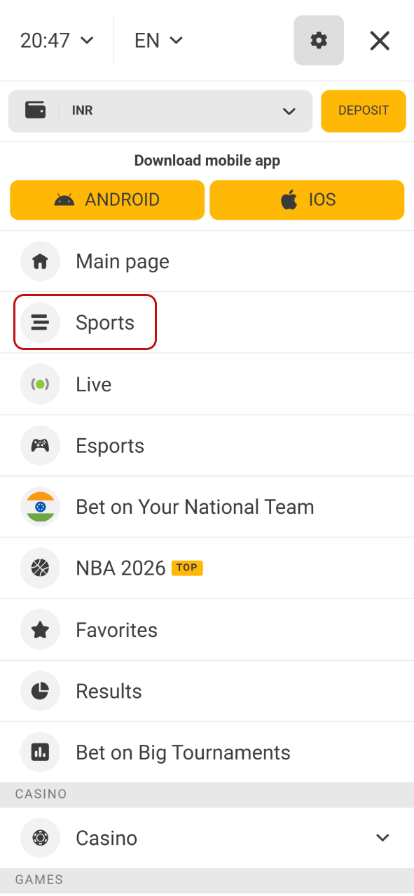Access the various betting markets via the official Melbet sports tab.