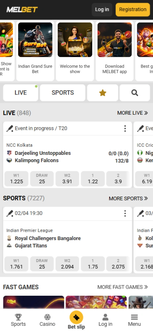 The main page of the Melbet app provides access to sports betting and casino games.