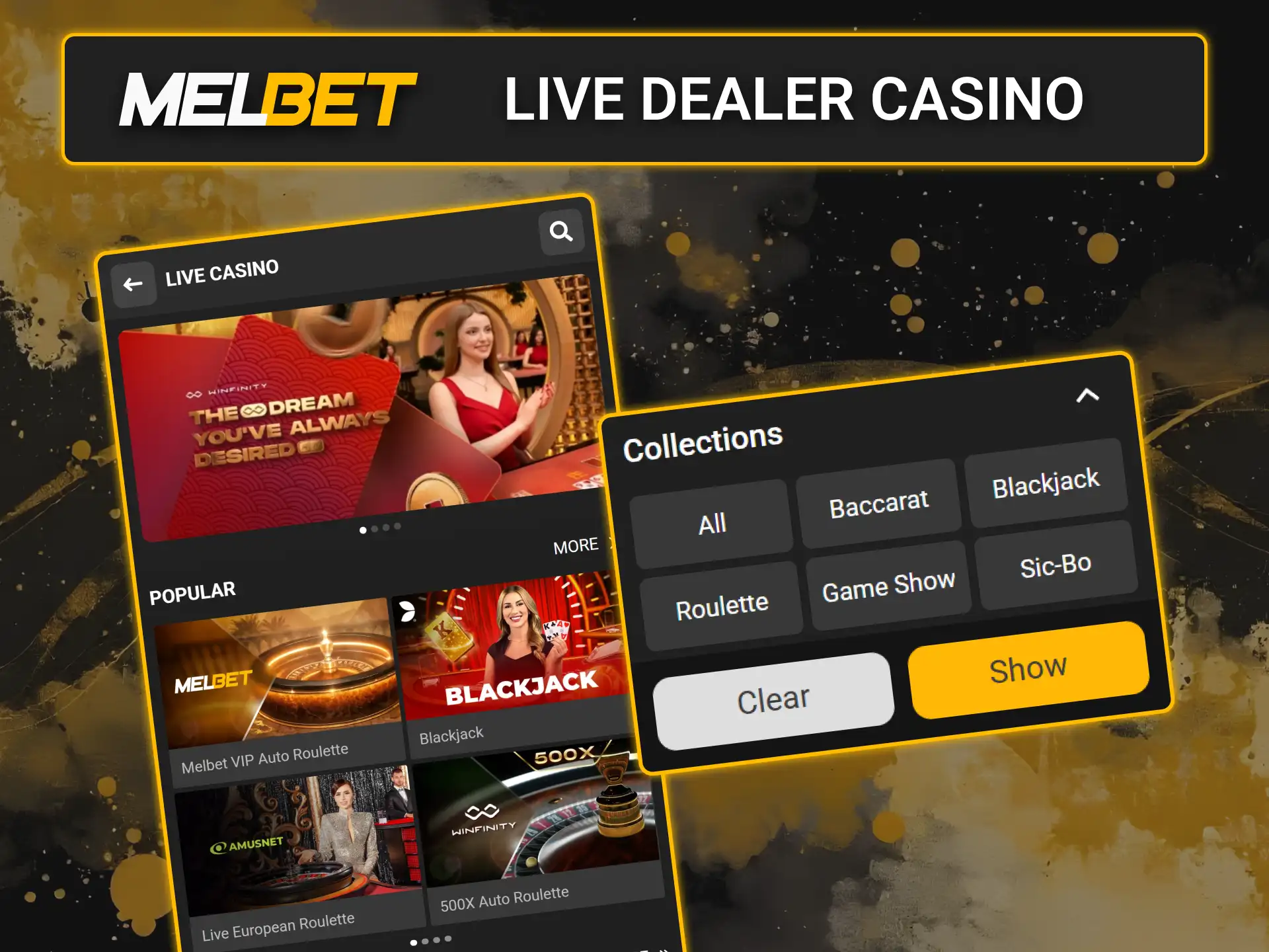 Play live dealer casino games on the official Melbet mobile platform.