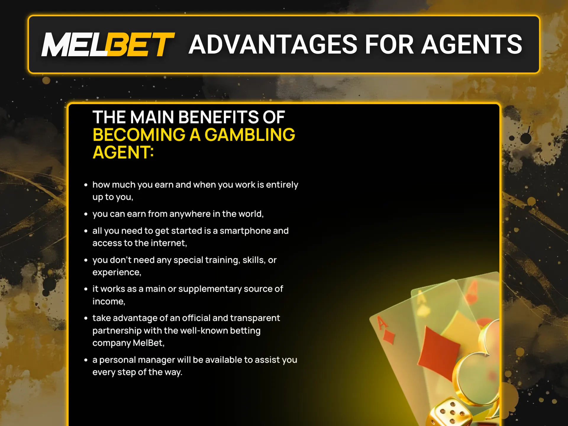Join the affiliate program for agents at Melbet casino, and secure a high stable income.